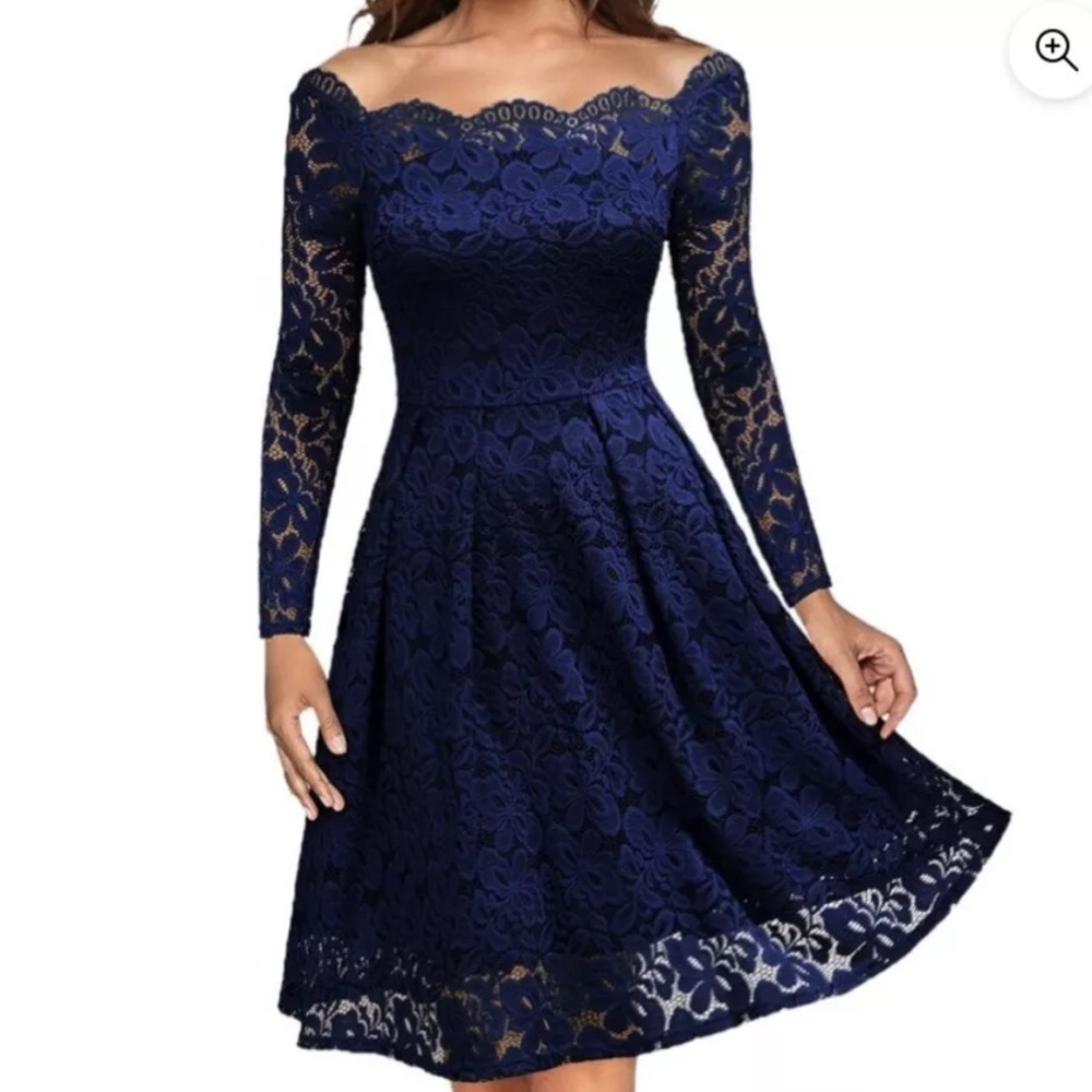 Women’s Retro Floral Lace Long Sleeve Boat Neck Swing Dress Size Large